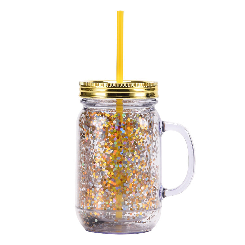Wholesale Transparent Glitter Plastic Canned Cup with Handle Double Layer Plastic with Straw